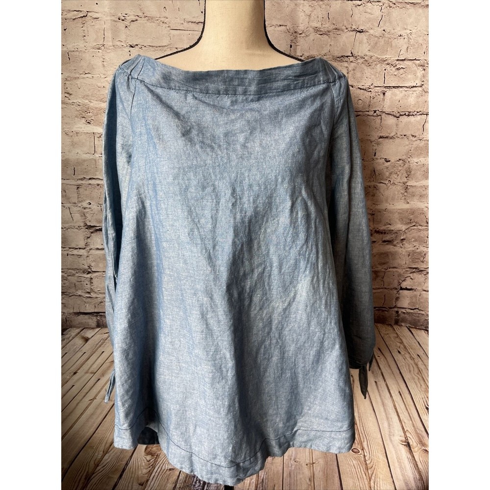 Free People Womens Chambray Off Shoulder Shirt Cotton Linen Blend M